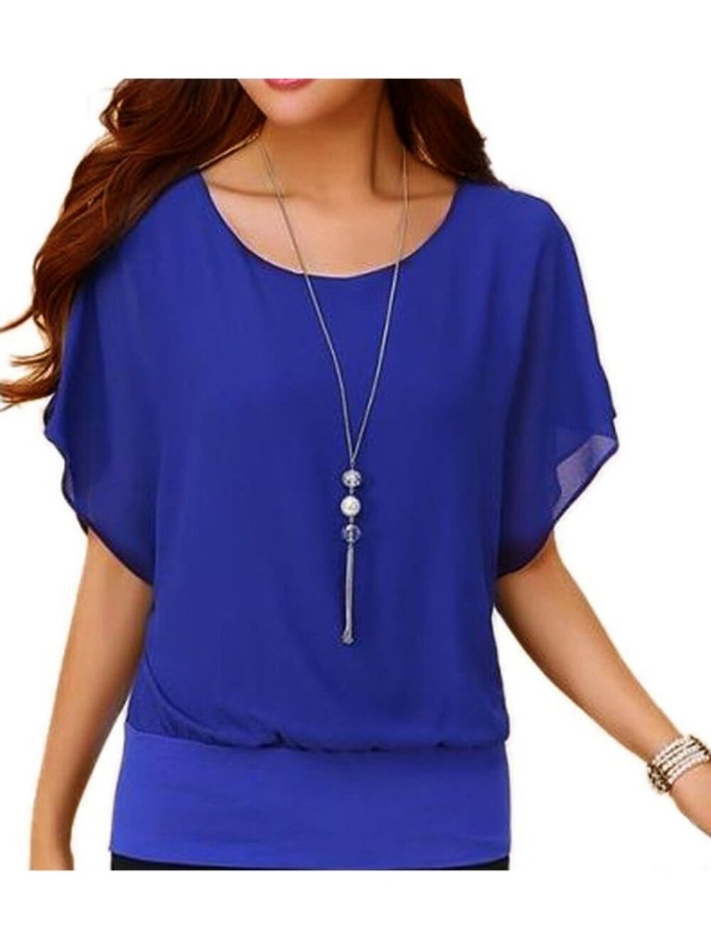 Women's Blue Elegant Loose Casual Short Sleeve Chiffon Top T Shirt Blouses
